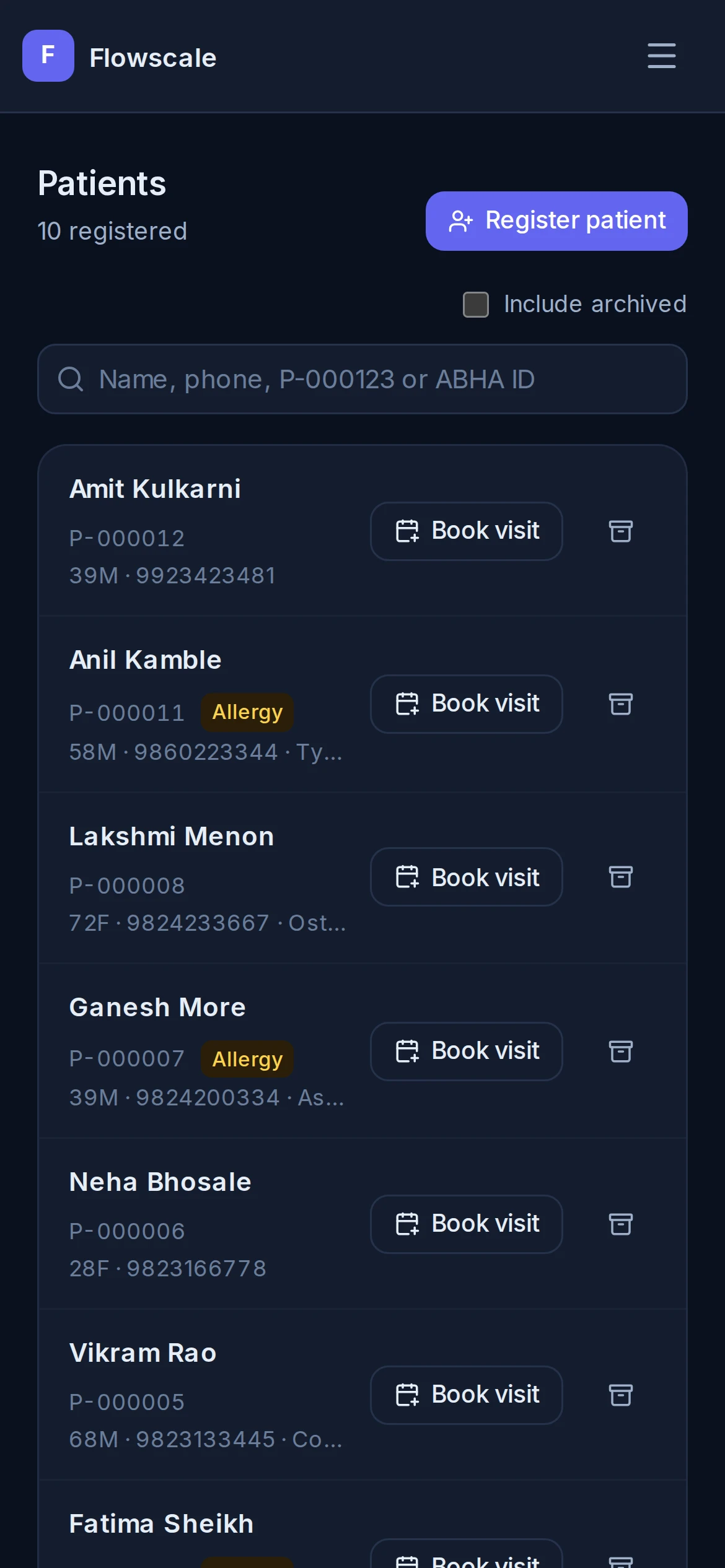 The patient list on a phone, with search and a booking action.
